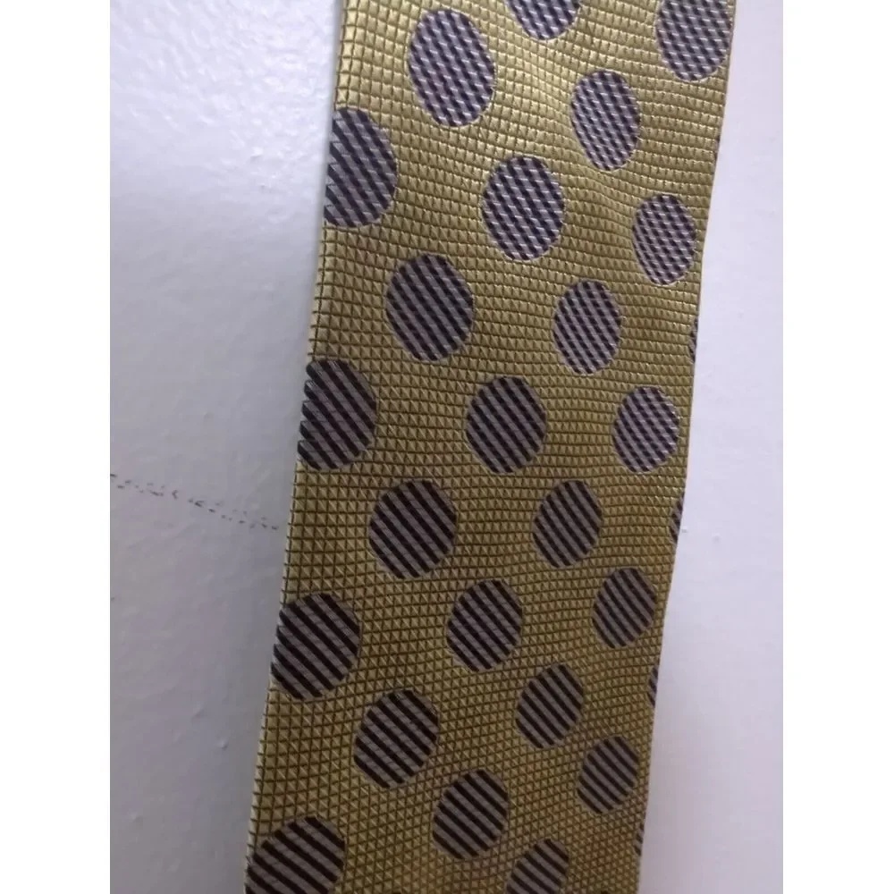 Bass Mens Gold‎ Silk Tie Geometric Striped Circle Pattern Italian Fabric Necktie - Picture 2 of 5